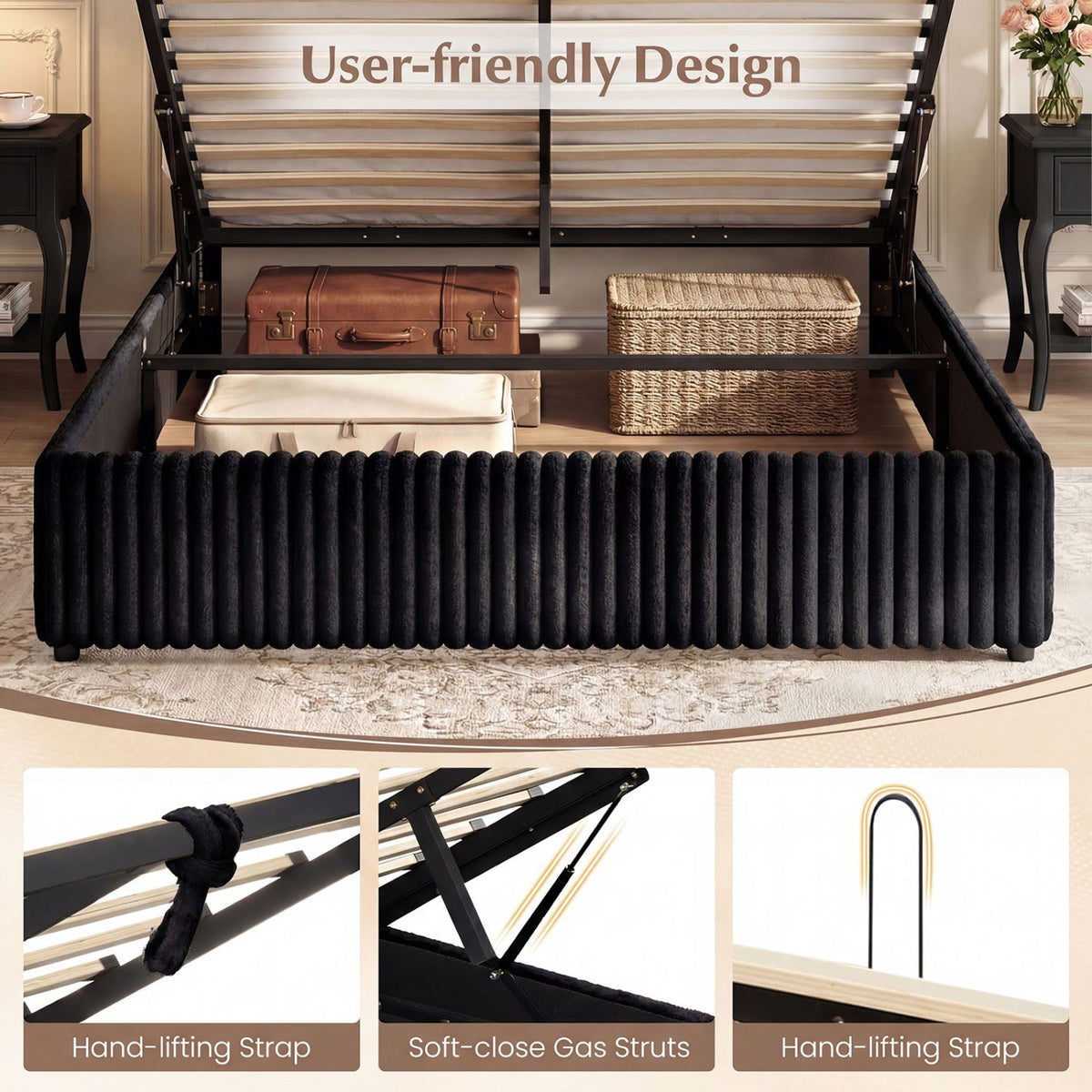 Queen Size Lift-up Storage Bed with Wooden Slat Support-Black view 7