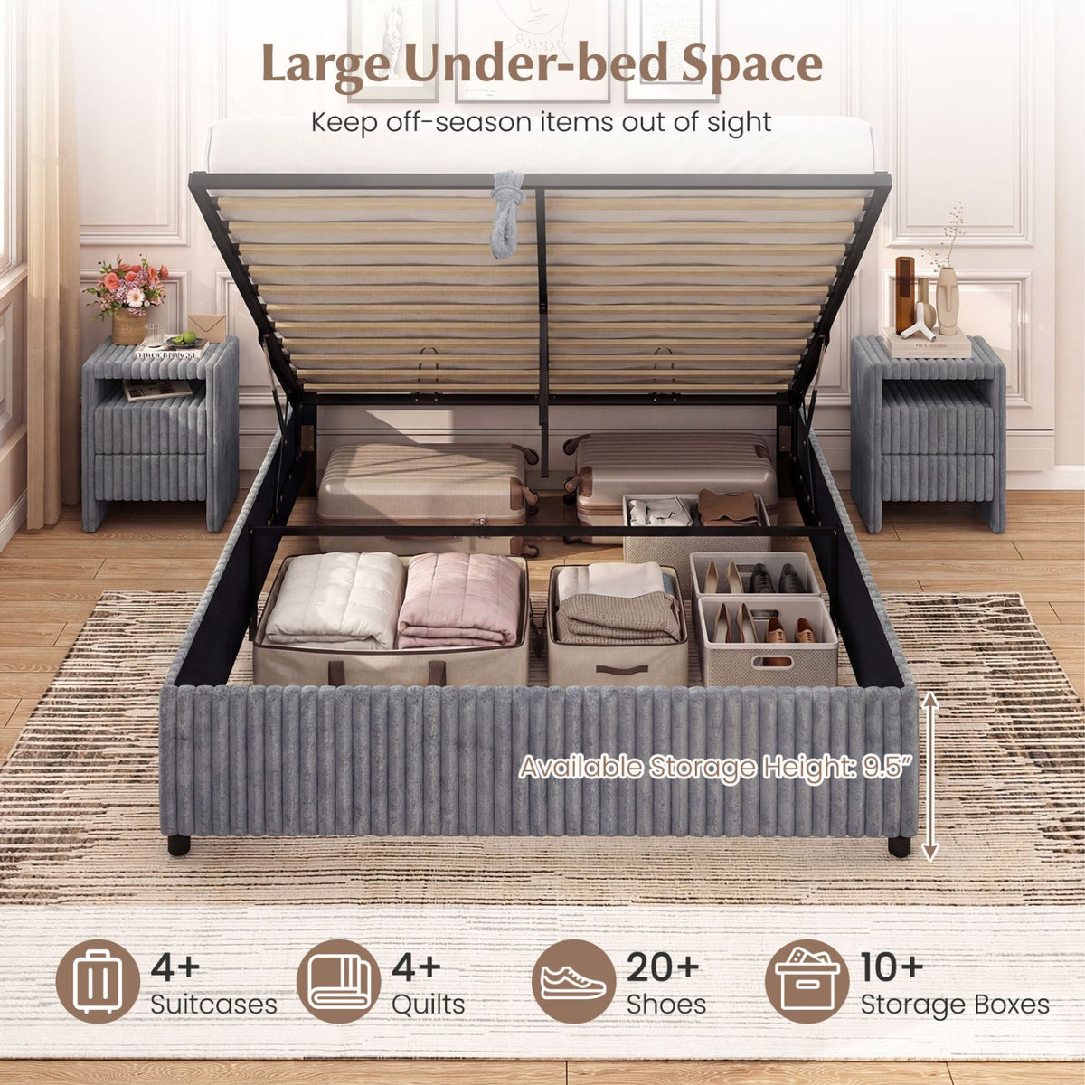 Queen Size Lift-up Storage Bed with Wooden Slat Support-Gray view 5