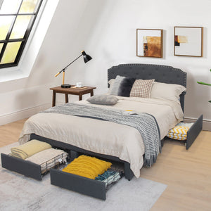 Queen Size Platform Bed Frame with Adjustable Headboard and 4 Storage Drawers view 2