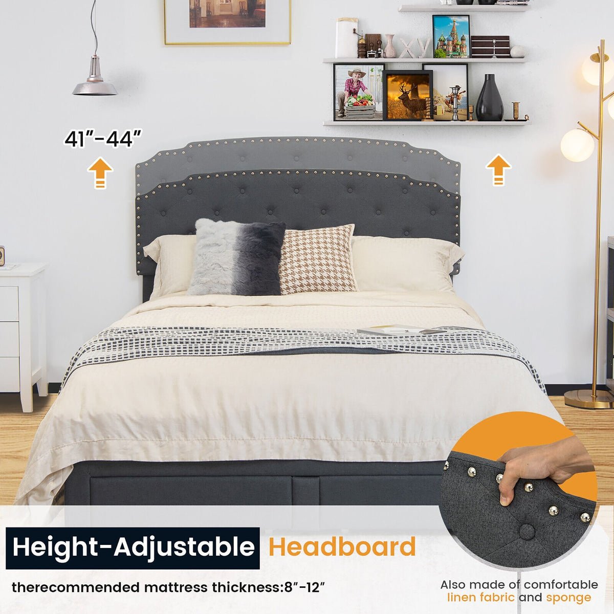 Queen Size Platform Bed Frame with Adjustable Headboard and 4 Storage Drawers view 3