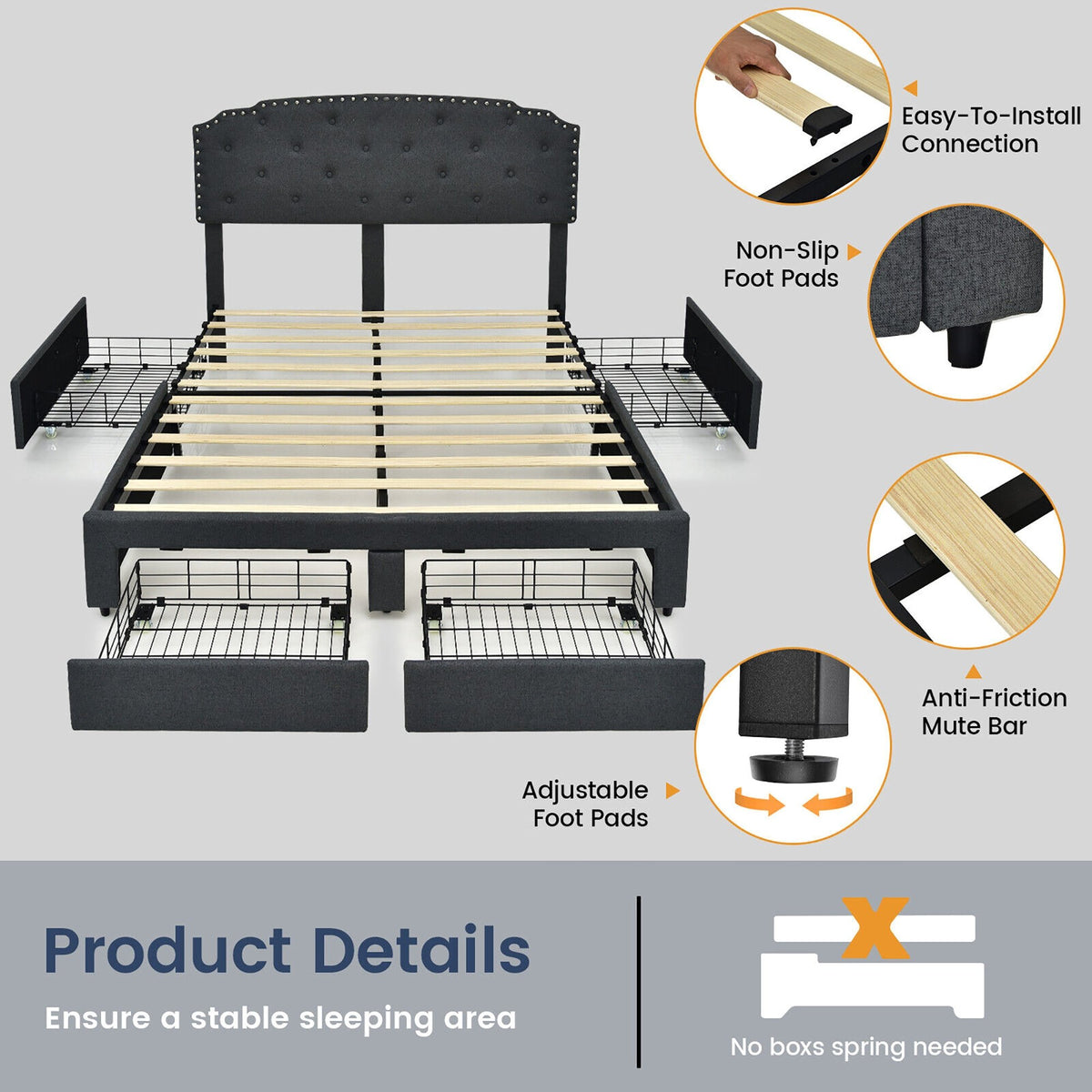 Queen Size Platform Bed Frame with Adjustable Headboard and 4 Storage Drawers view 5