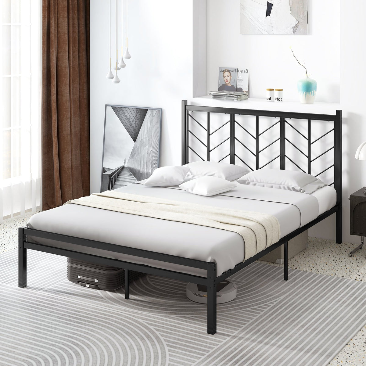 Queen Size Platform Bed with Headboard and Metal Frame-Queen Size view 6
