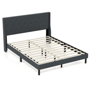 Queen Size Upholstered Bed Frame with Button Tufted Wingback Headboard and Wooden Slats Support Mattress Foundation-Gray