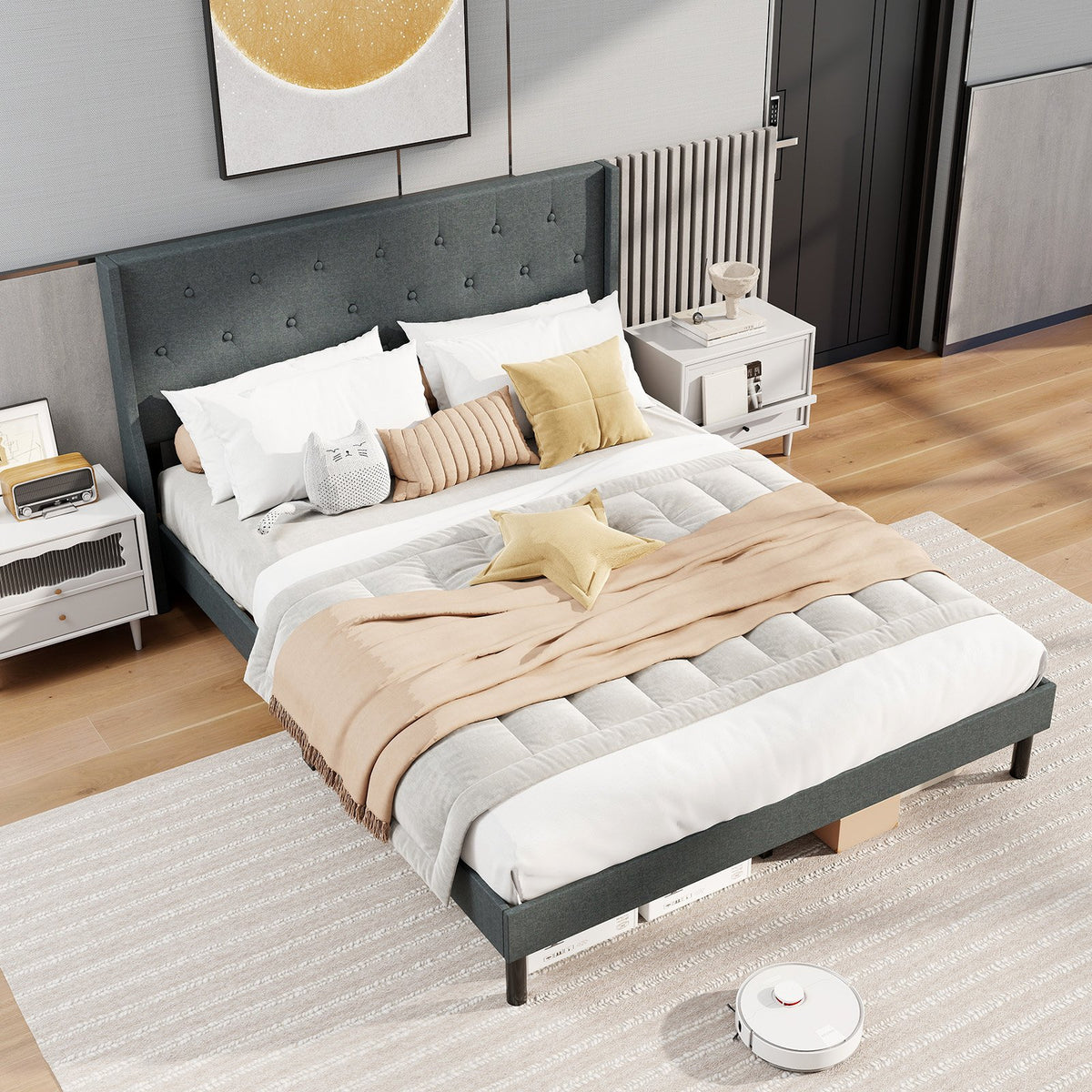Queen Size Upholstered Bed Frame with Button Tufted Wingback Headboard and Wooden Slats Support Mattress Foundation-Gray view 2