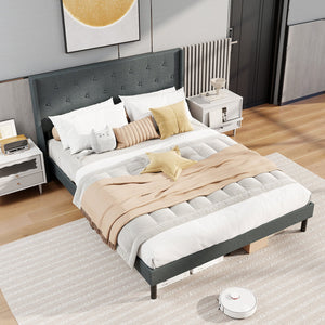 Queen Size Upholstered Bed Frame with Button Tufted Wingback Headboard and Wooden Slats Support Mattress Foundation-Gray view 2