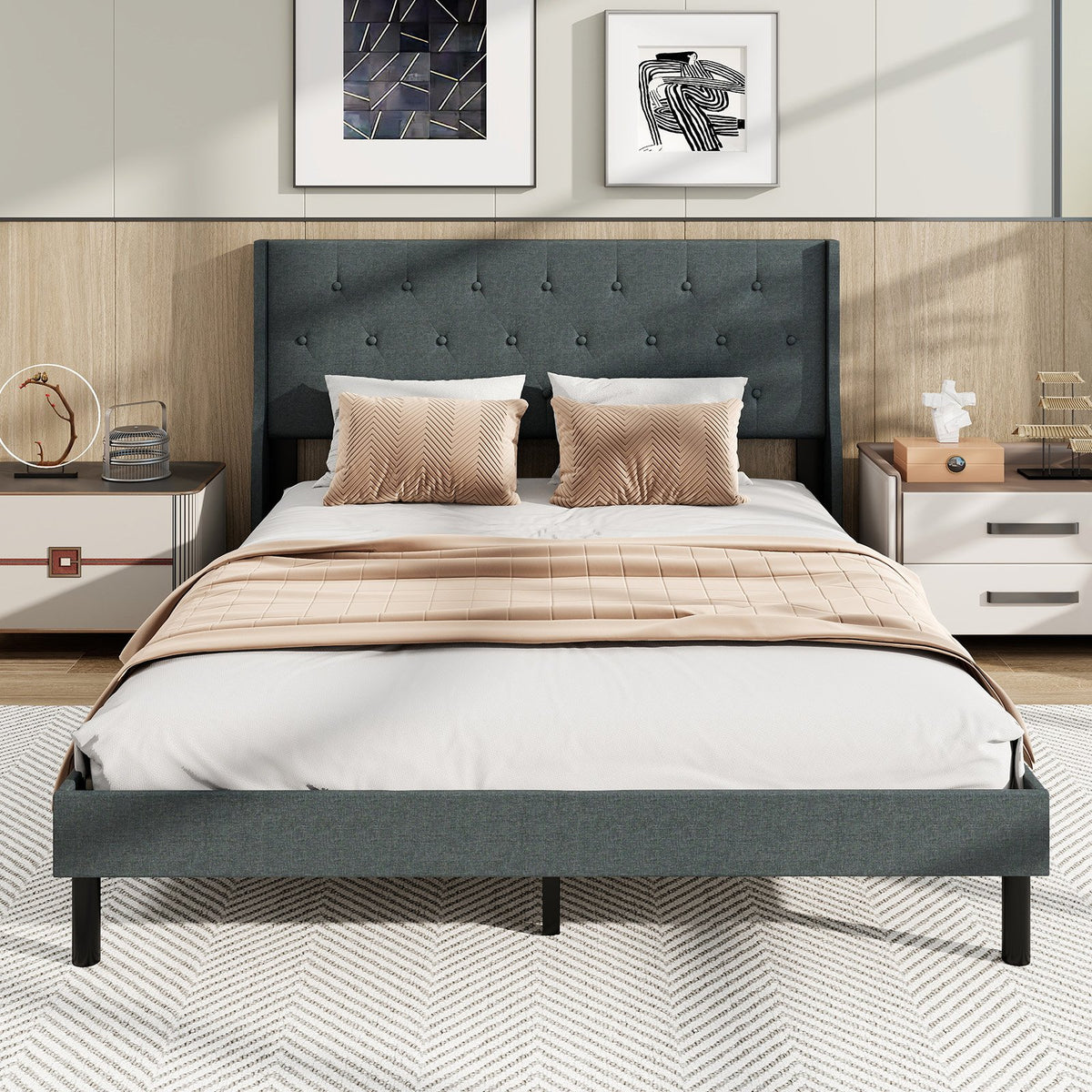 Queen Size Upholstered Bed Frame with Button Tufted Wingback Headboard and Wooden Slats Support Mattress Foundation-Gray view 3
