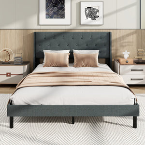 Queen Size Upholstered Bed Frame with Button Tufted Wingback Headboard and Wooden Slats Support Mattress Foundation-Gray view 3