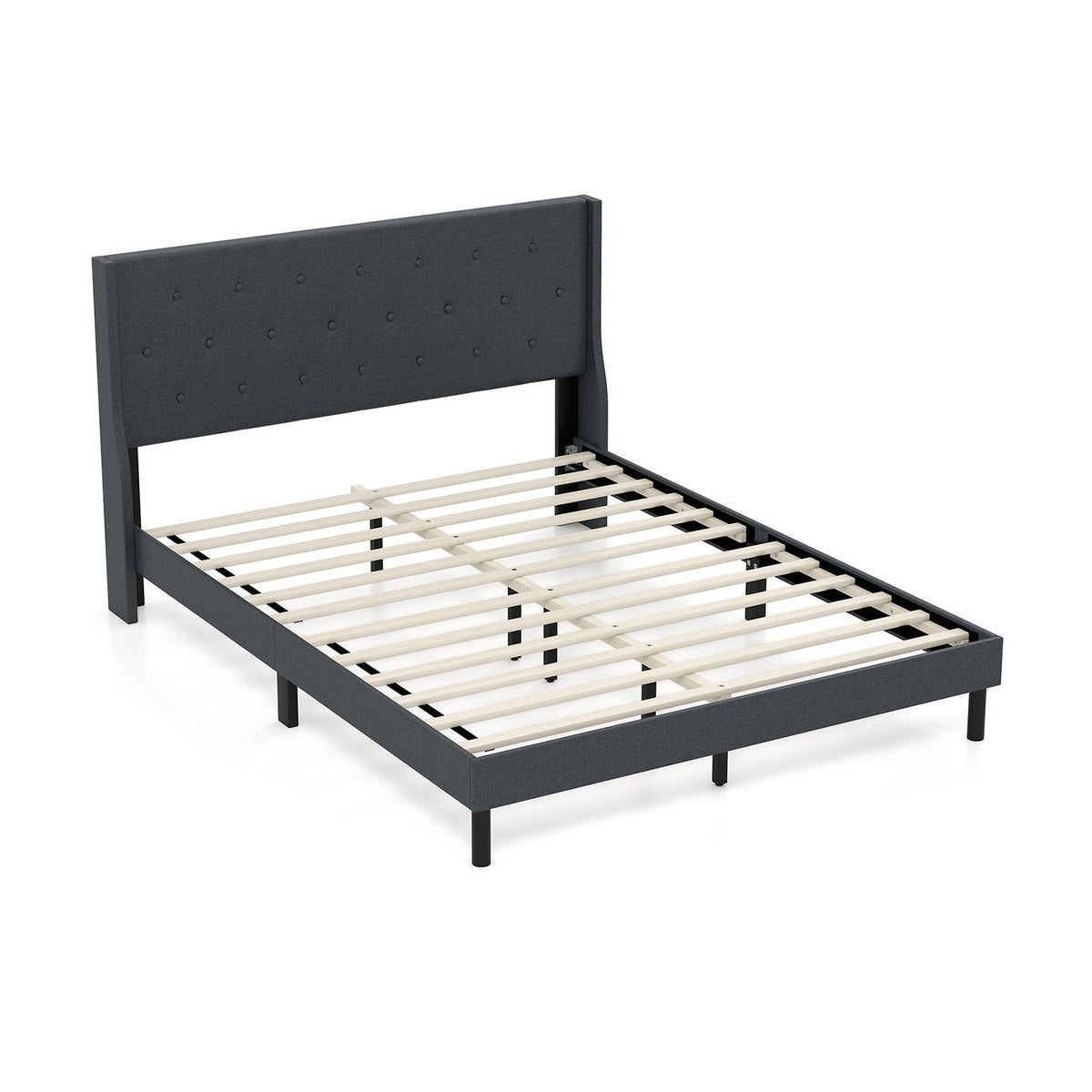 Queen Size Upholstered Bed Frame with Button Tufted Wingback Headboard and Wooden Slats Support Mattress Foundation-Gray view 4