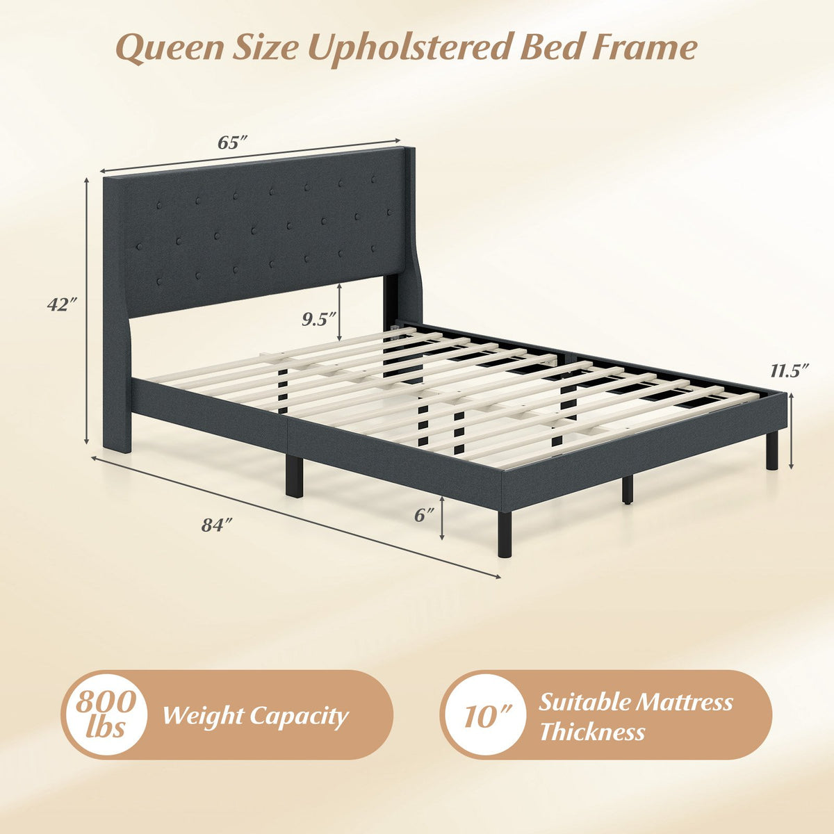 Queen Size Upholstered Bed Frame with Button Tufted Wingback Headboard and Wooden Slats Support Mattress Foundation-Gray view 5