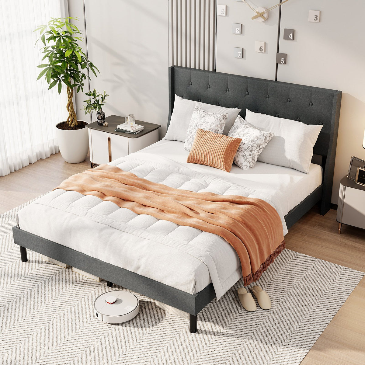 Queen Size Upholstered Bed Frame with Button Tufted Wingback Headboard and Wooden Slats Support Mattress Foundation-Gray view 6