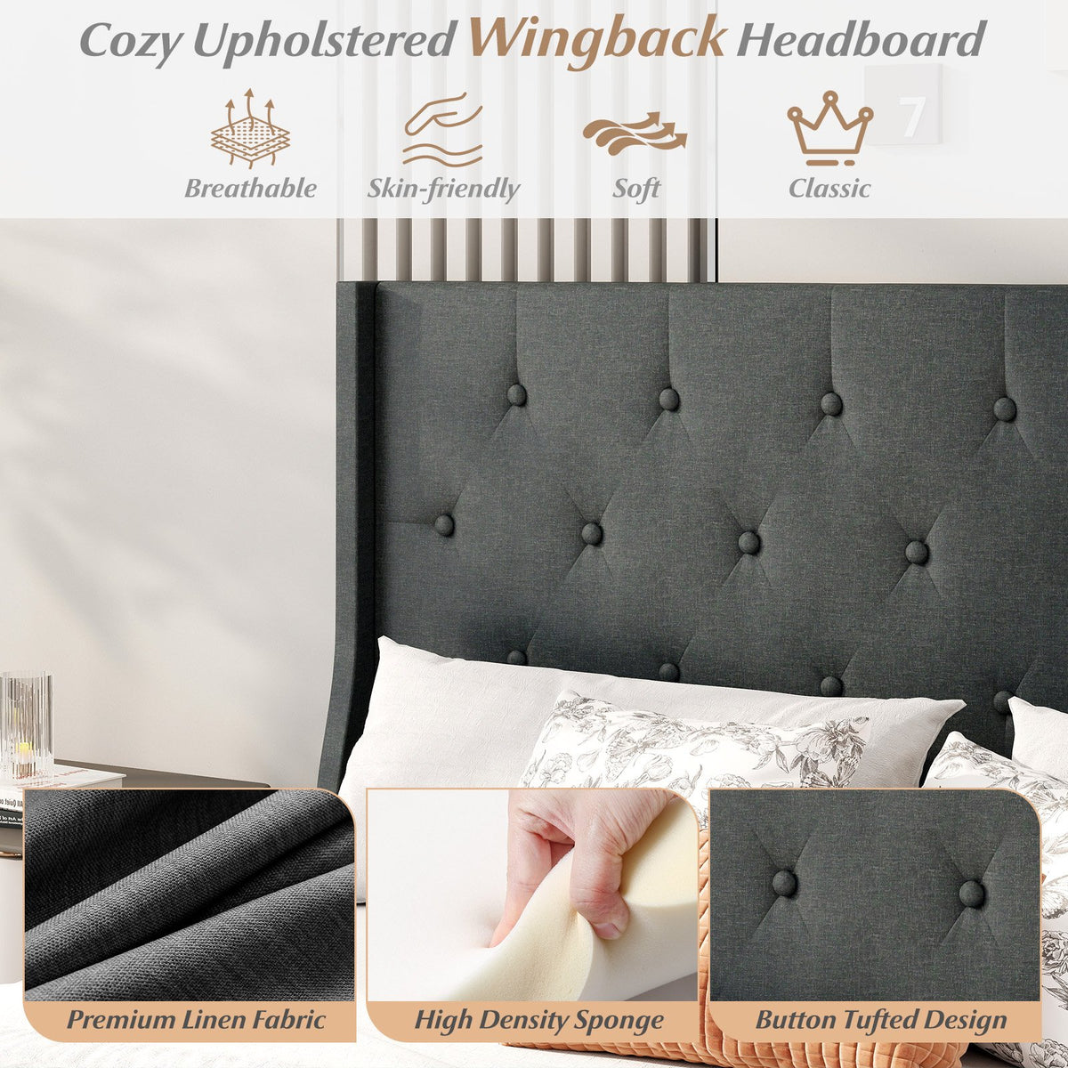 Queen Size Upholstered Bed Frame with Button Tufted Wingback Headboard and Wooden Slats Support Mattress Foundation-Gray view 7