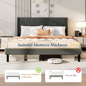 Queen Size Upholstered Bed Frame with Button Tufted Wingback Headboard and Wooden Slats Support Mattress Foundation-Gray view 9