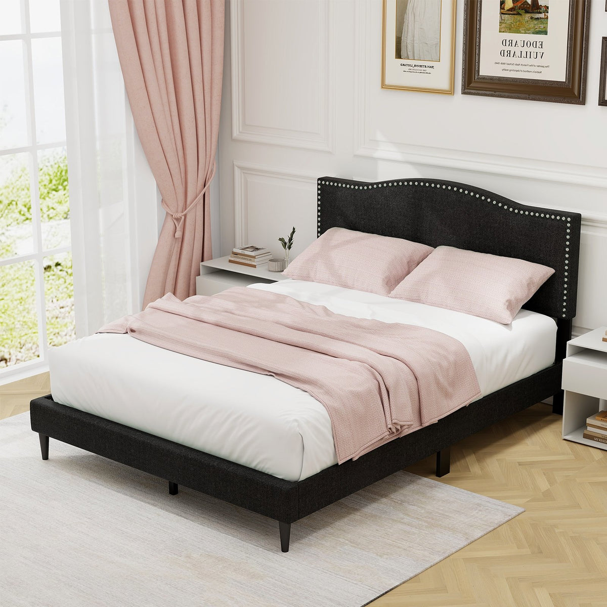 Queen Size Upholstered Bed Frame with Nailhead Trim Headboard-Queen Size view 2