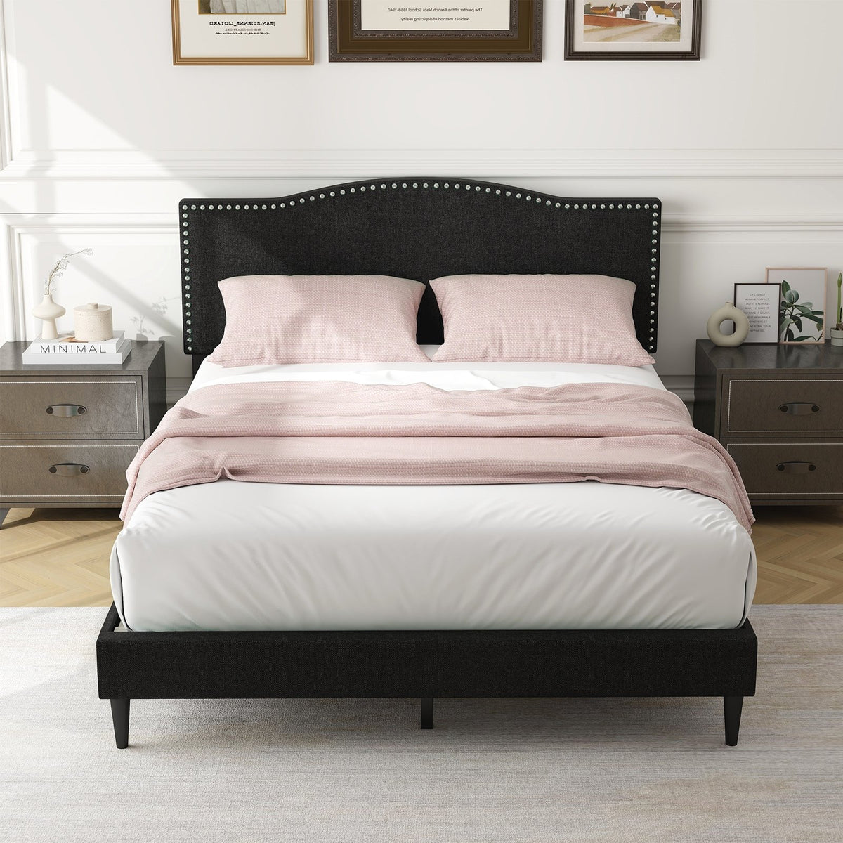 Queen Size Upholstered Bed Frame with Nailhead Trim Headboard-Queen Size view 3