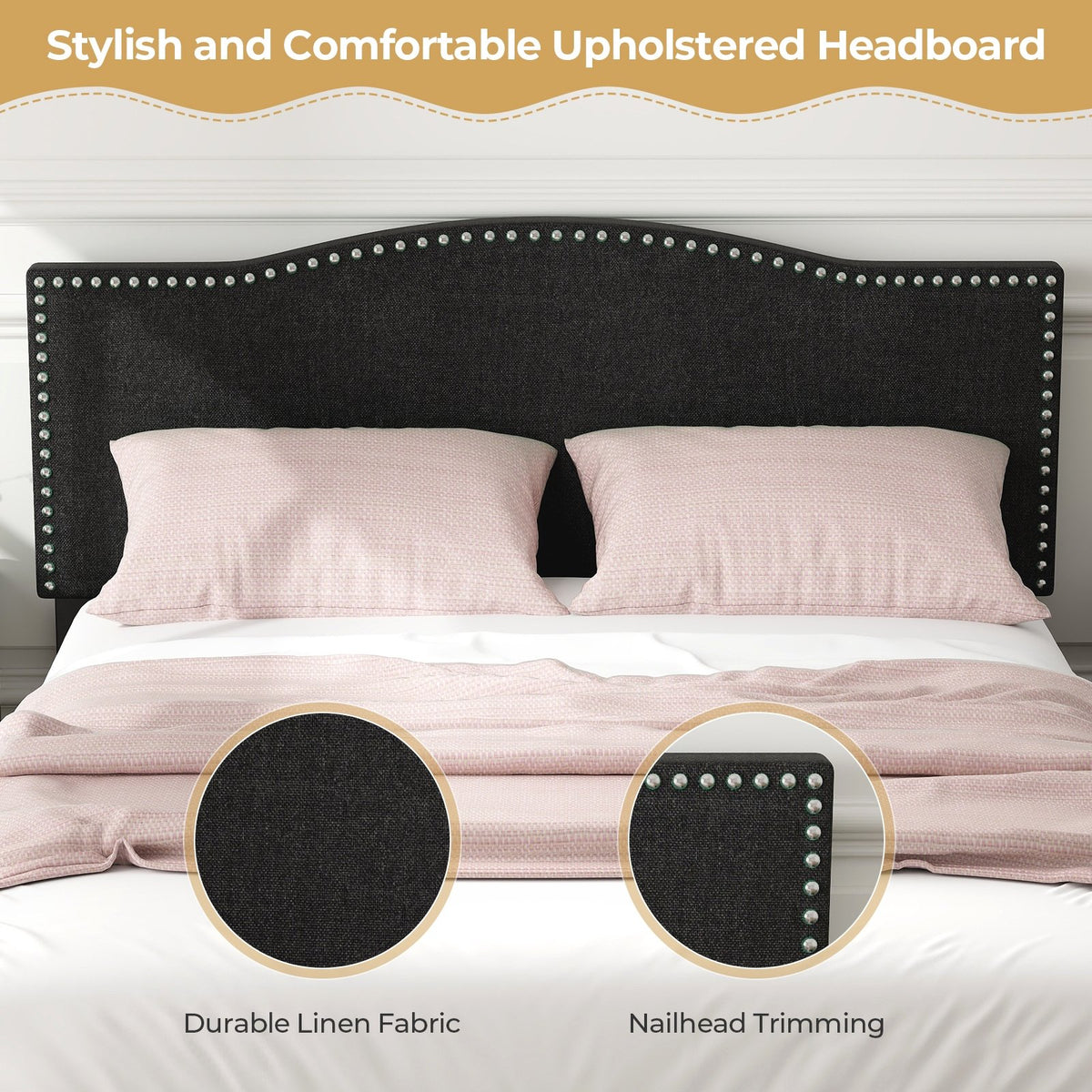 Queen Size Upholstered Bed Frame with Nailhead Trim Headboard-Queen Size view 6
