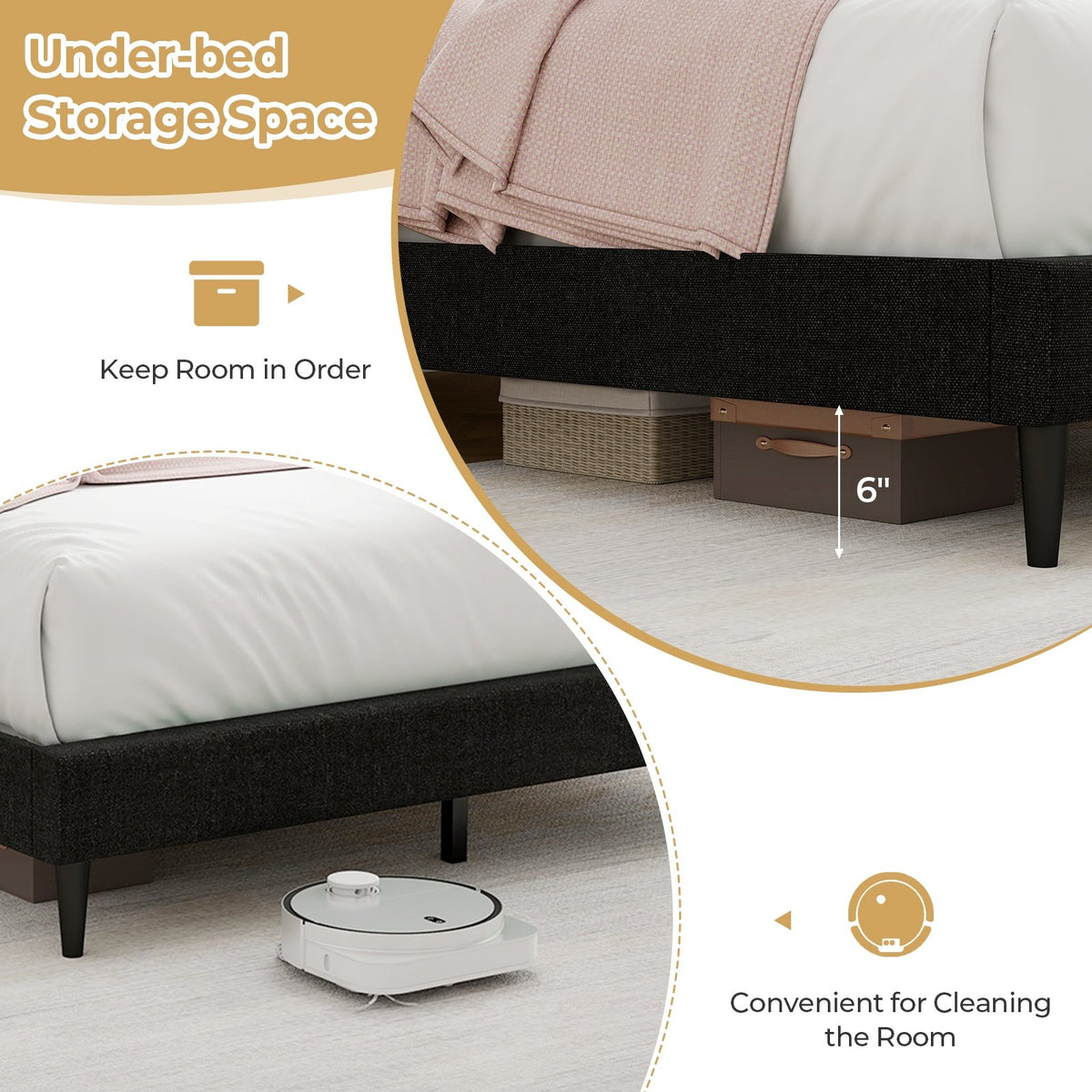 Queen Size Upholstered Bed Frame with Nailhead Trim Headboard-Queen Size view 8