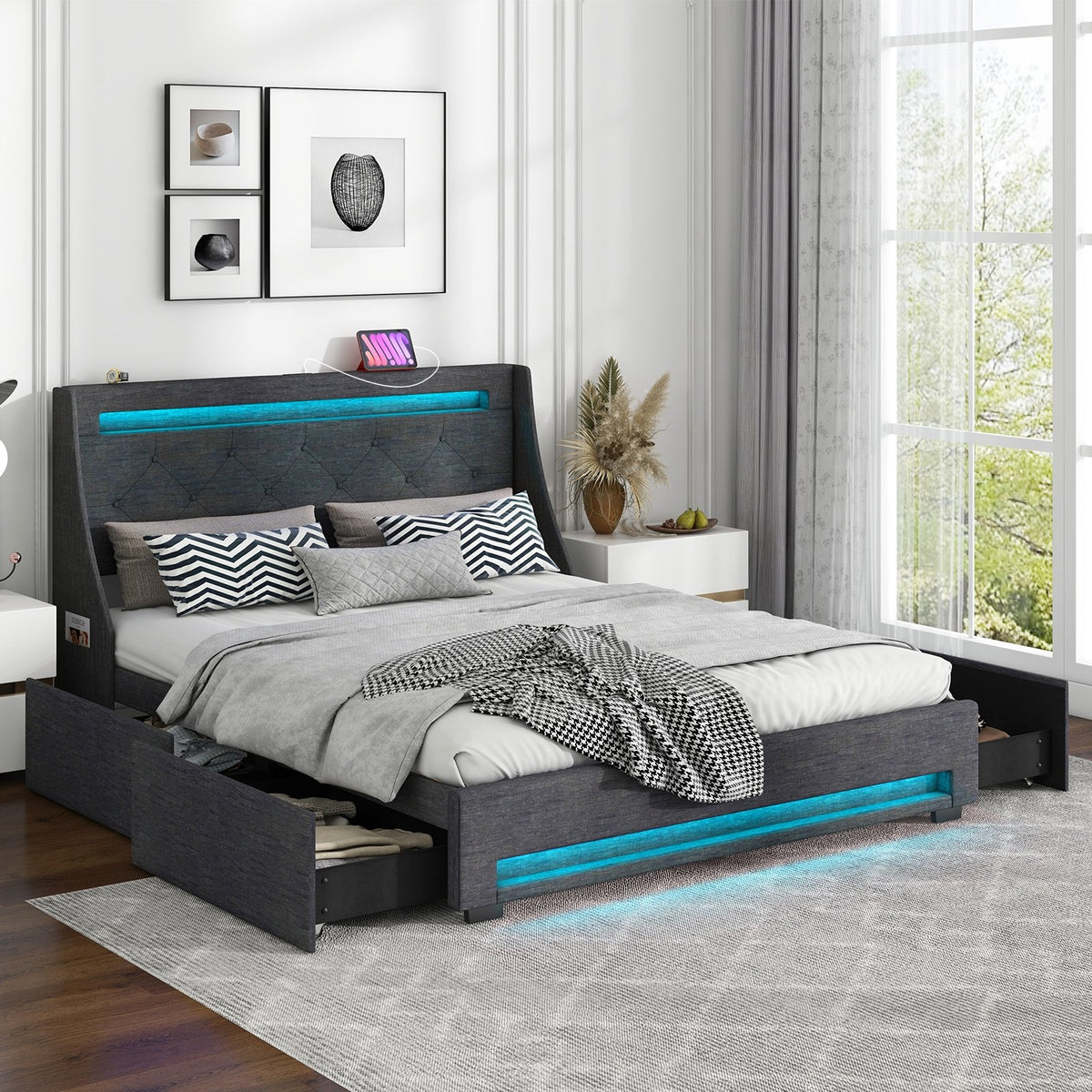 Queen Size Upholstered Platform Bed Frame with LED Lights and Charging Station-Grey view 3