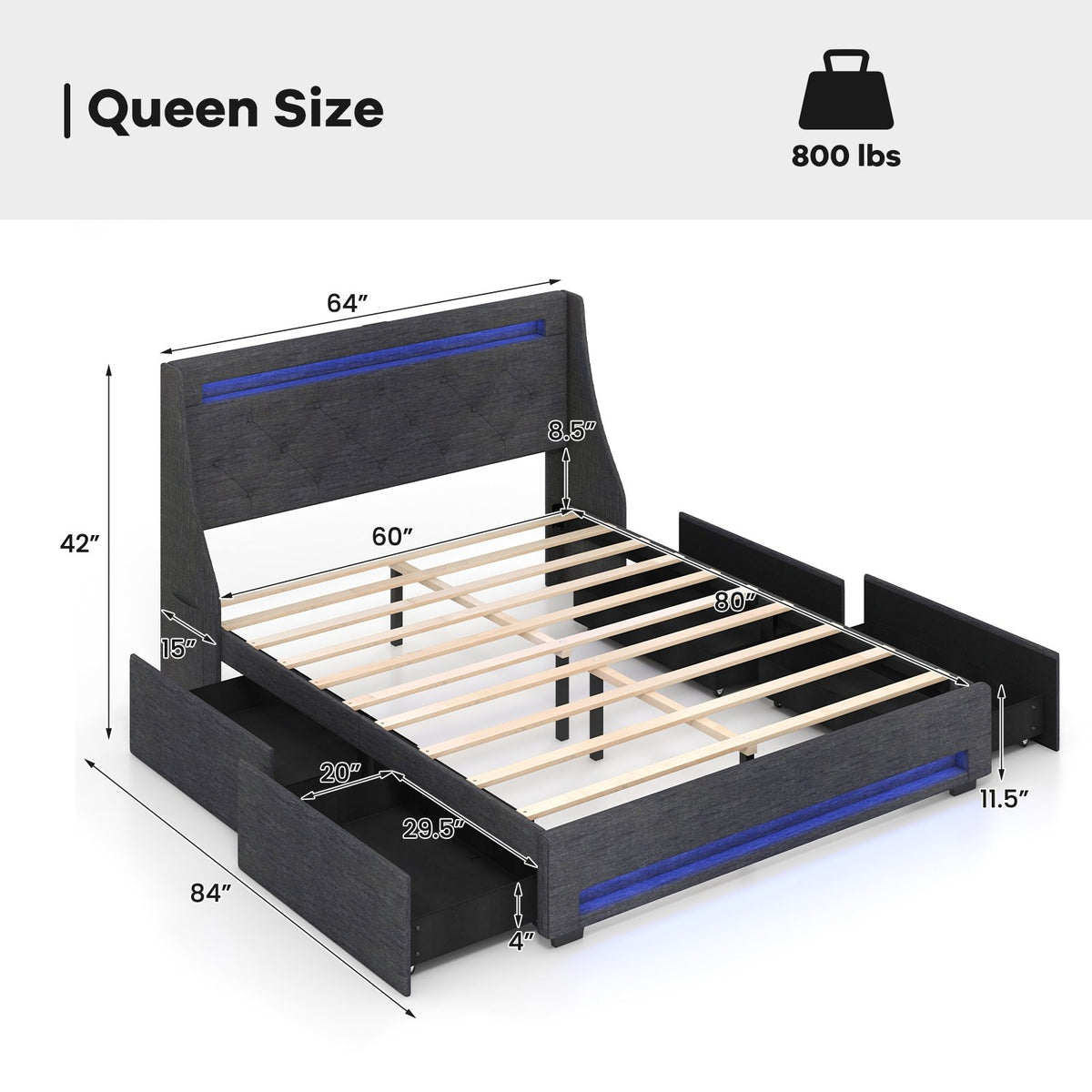 Queen Size Upholstered Platform Bed Frame with LED Lights and Charging Station-Grey view 4