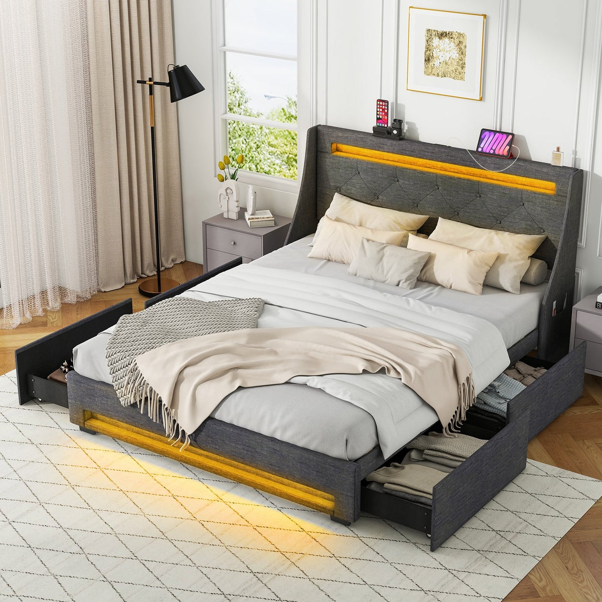 Queen Size Upholstered Platform Bed Frame with LED Lights and Charging Station-Grey view 5