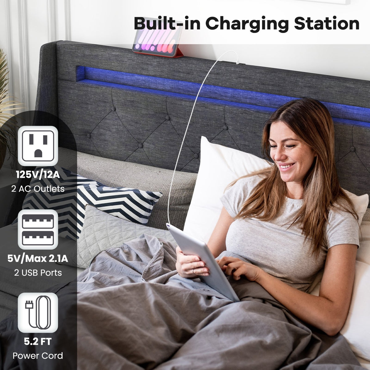 Queen Size Upholstered Platform Bed Frame with LED Lights and Charging Station-Grey view 7