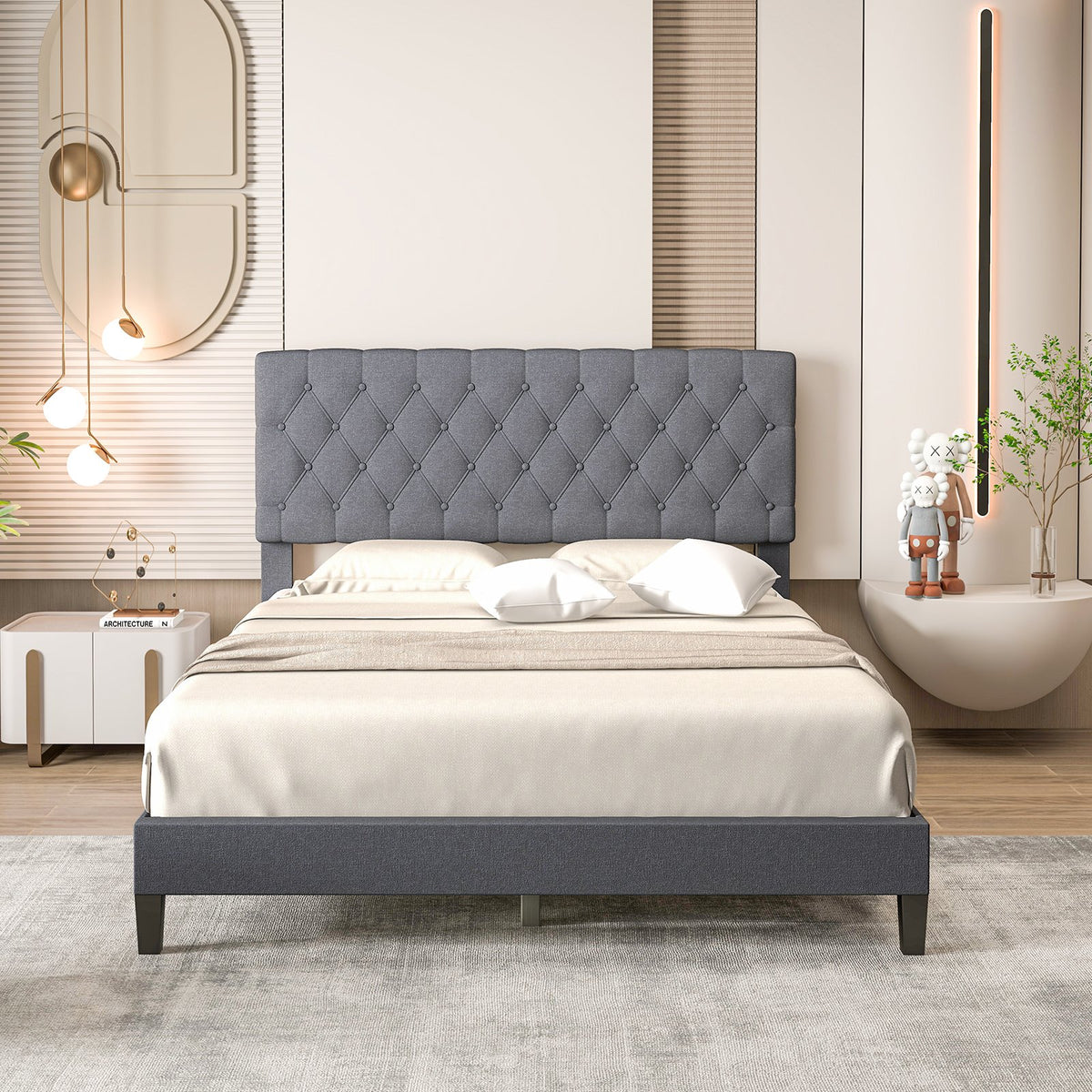Queen Size Upholstered Platform Bed with Button Tufted Headboard-Queen & Gray view 2