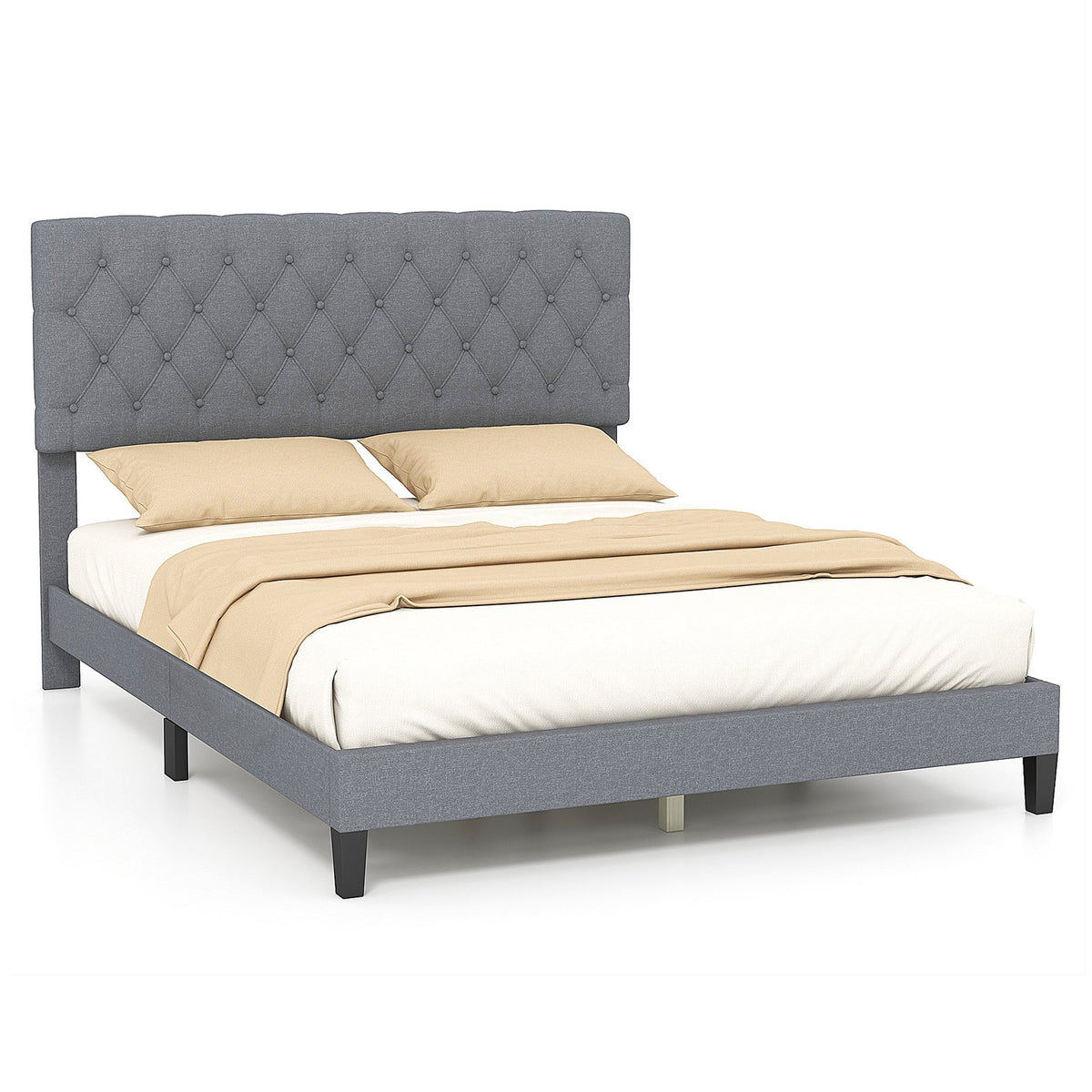 Queen Size Upholstered Platform Bed with Button Tufted Headboard-Queen & Gray view 4