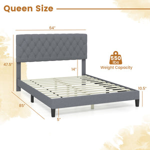 Queen Size Upholstered Platform Bed with Button Tufted Headboard-Queen & Gray view 5