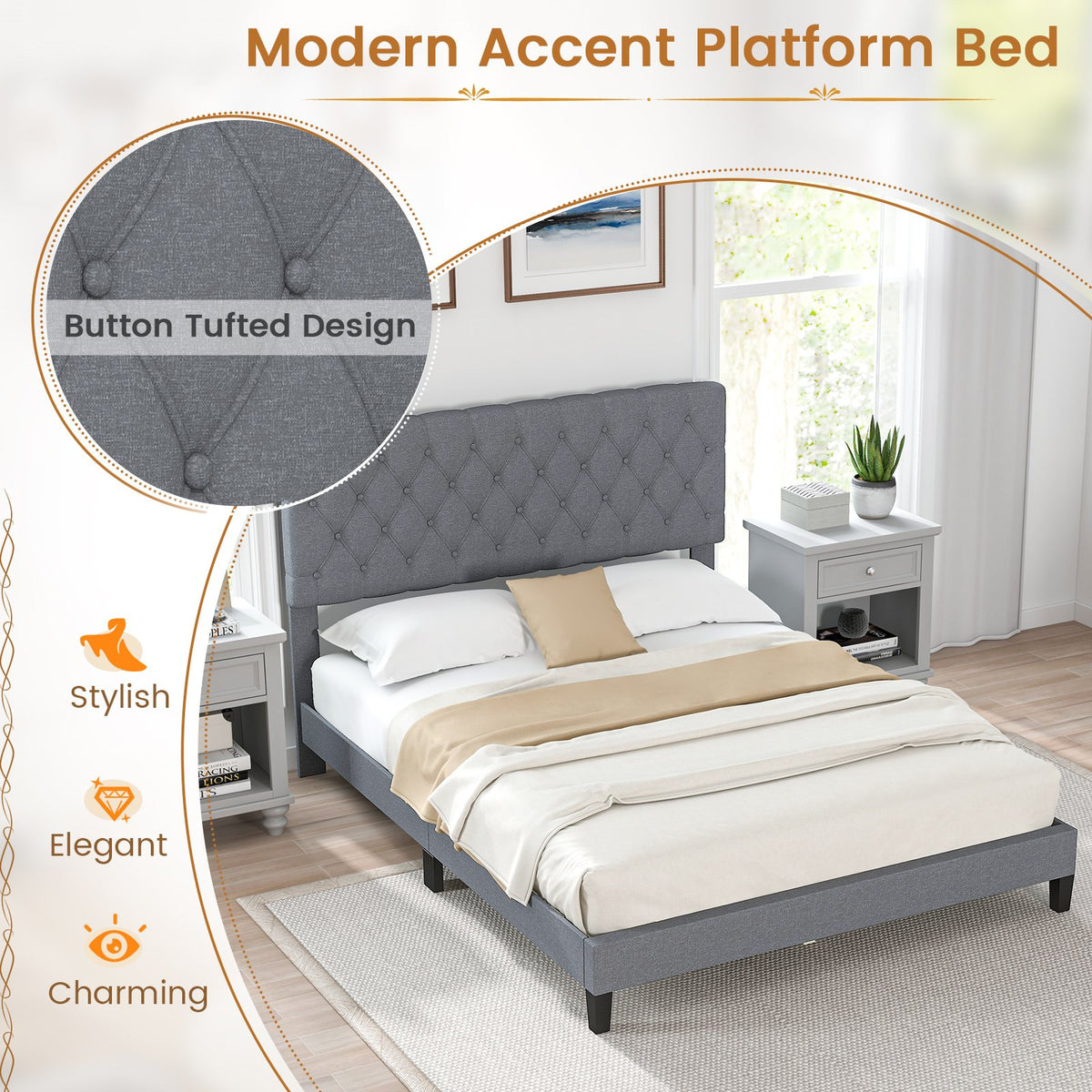 Queen Size Upholstered Platform Bed with Button Tufted Headboard-Queen & Gray view 7