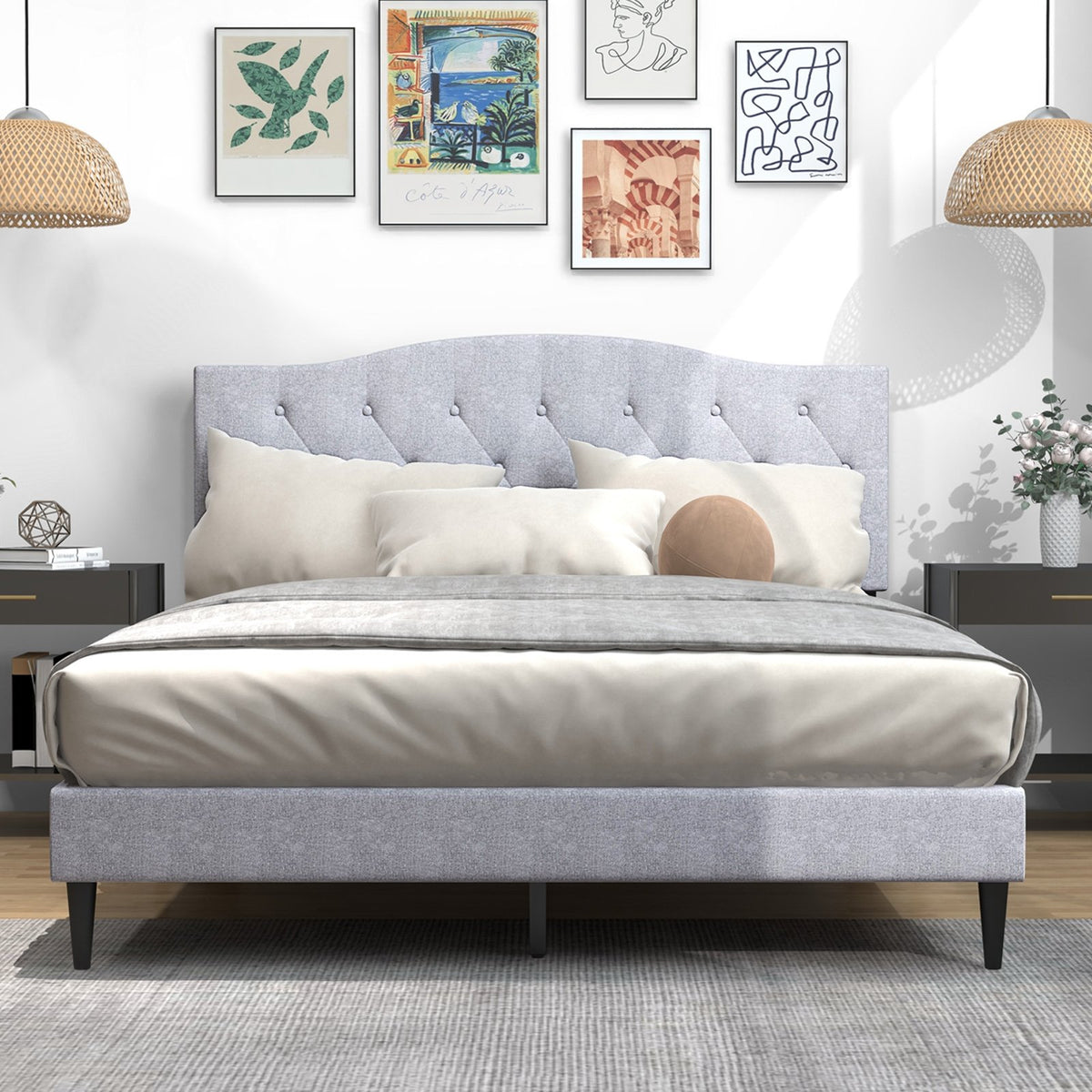 Queen Size Upholstered Platform Bed with Button Tufted Headboard-Queen Size view 3