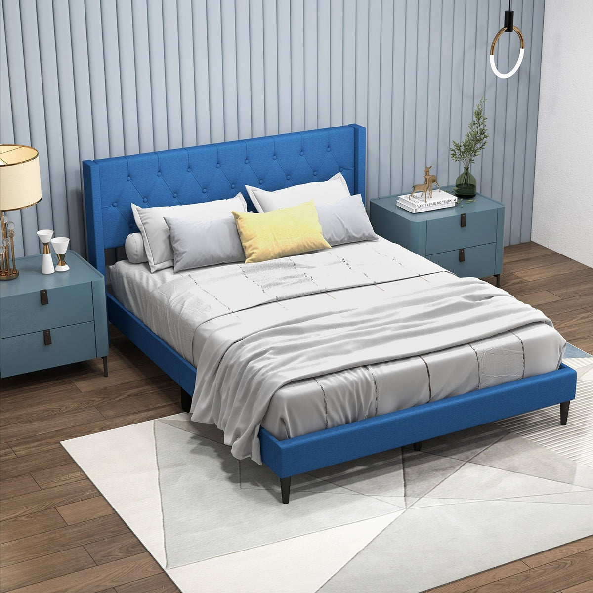 Queen Size Upholstered Platform Bed with Button Tufted Wingback Headboard-Blue view 3