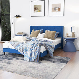 Queen Size Upholstered Platform Bed with Button Tufted Wingback Headboard-Blue view 6