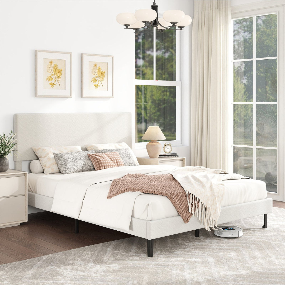 Queen Size Velvet Bed Frame Upholstered Platform Bed with Chevron Headboard Beige view 2