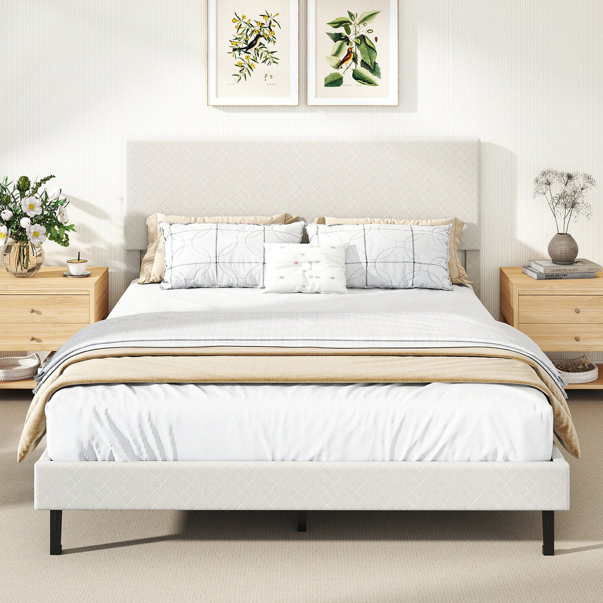 Queen Size Velvet Bed Frame Upholstered Platform Bed with Chevron Headboard Beige view 3
