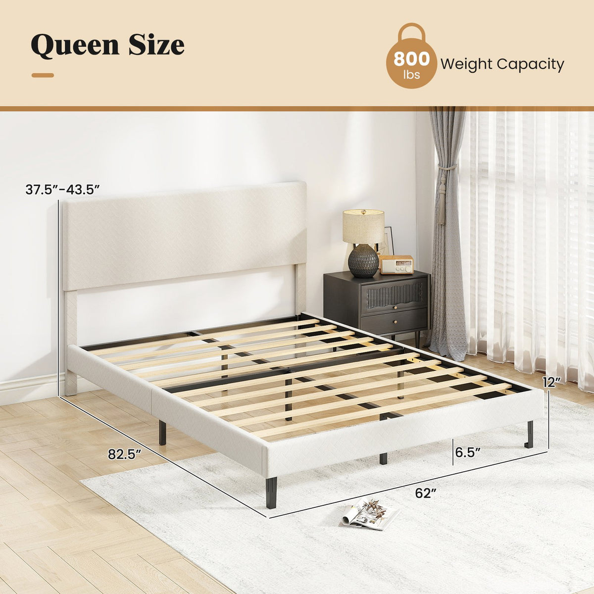 Queen Size Velvet Bed Frame Upholstered Platform Bed with Chevron Headboard Beige view 4