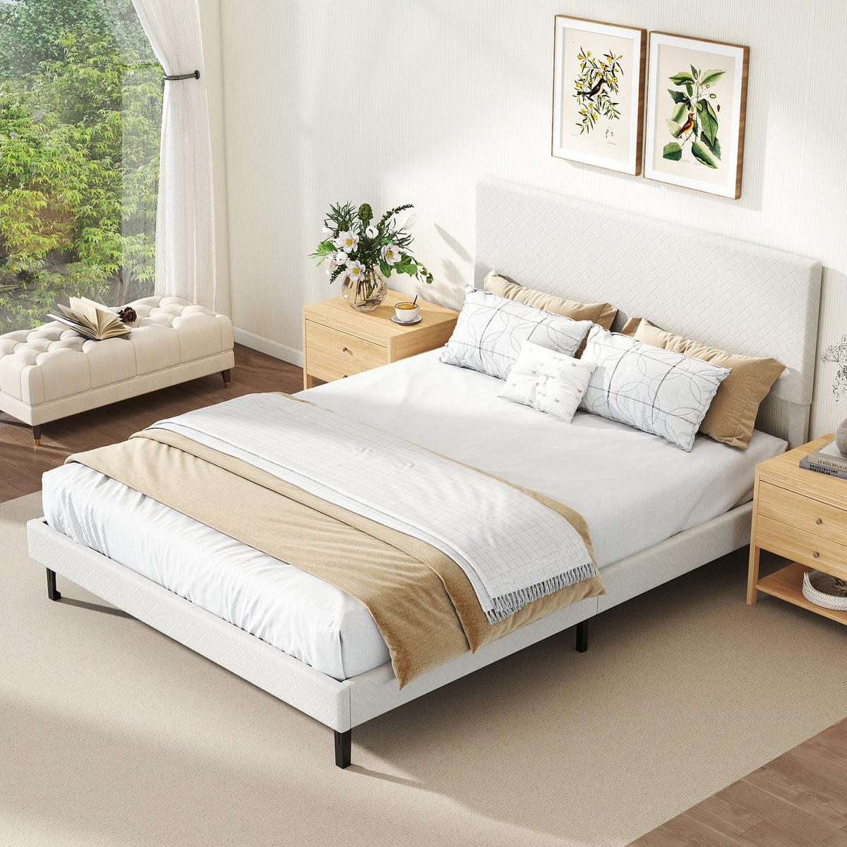 Queen Size Velvet Bed Frame Upholstered Platform Bed with Chevron Headboard Beige view 5