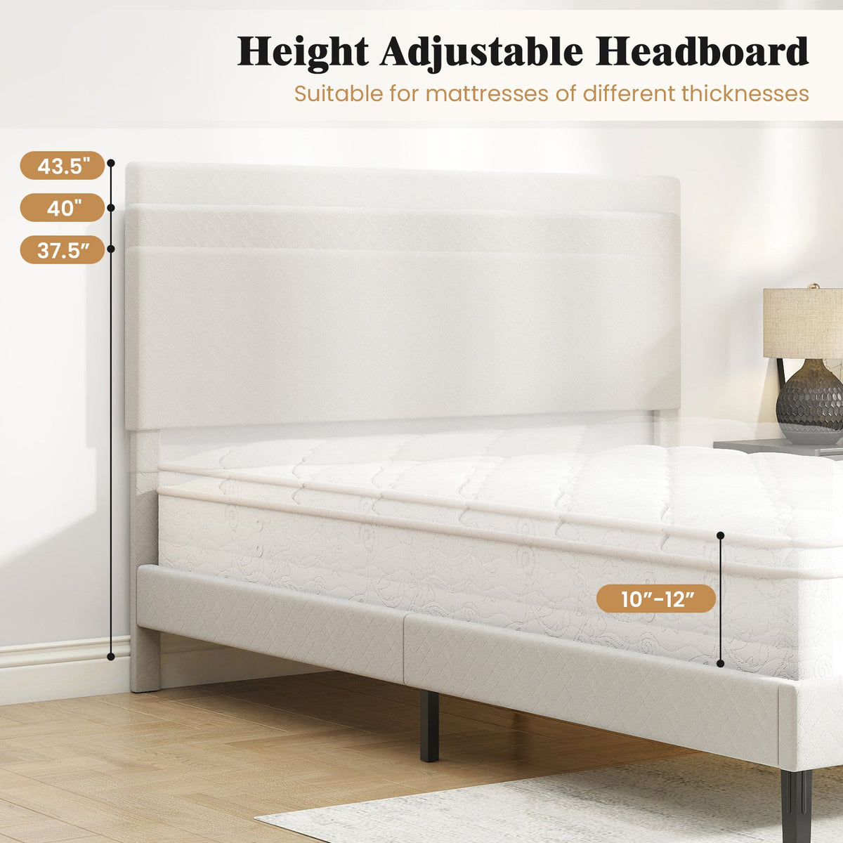 Queen Size Velvet Bed Frame Upholstered Platform Bed with Chevron Headboard Beige view 9