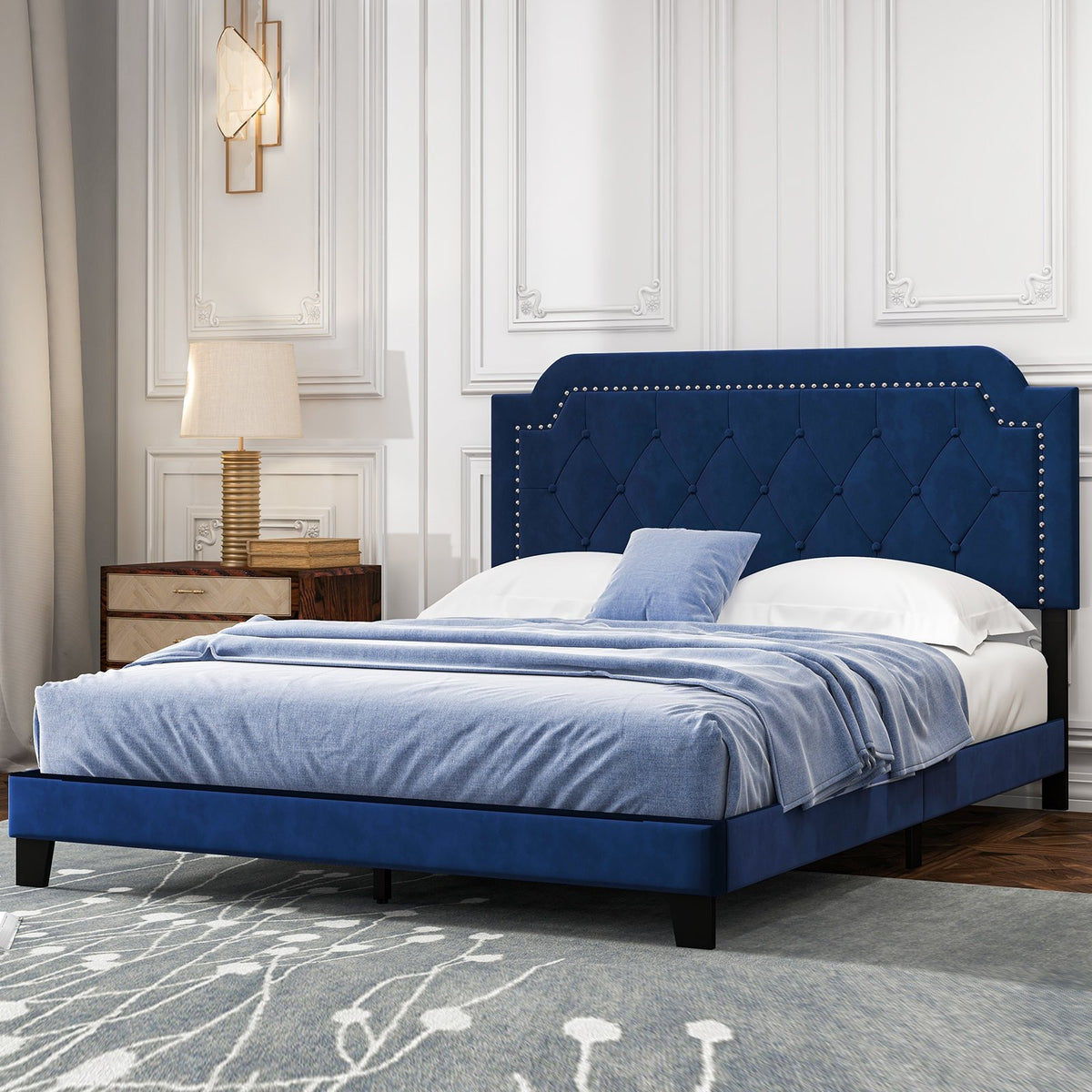 Queen Size Velvet Bed Frame with Button Tufted and Nailhead Trim Headboard-Queen Size view 2
