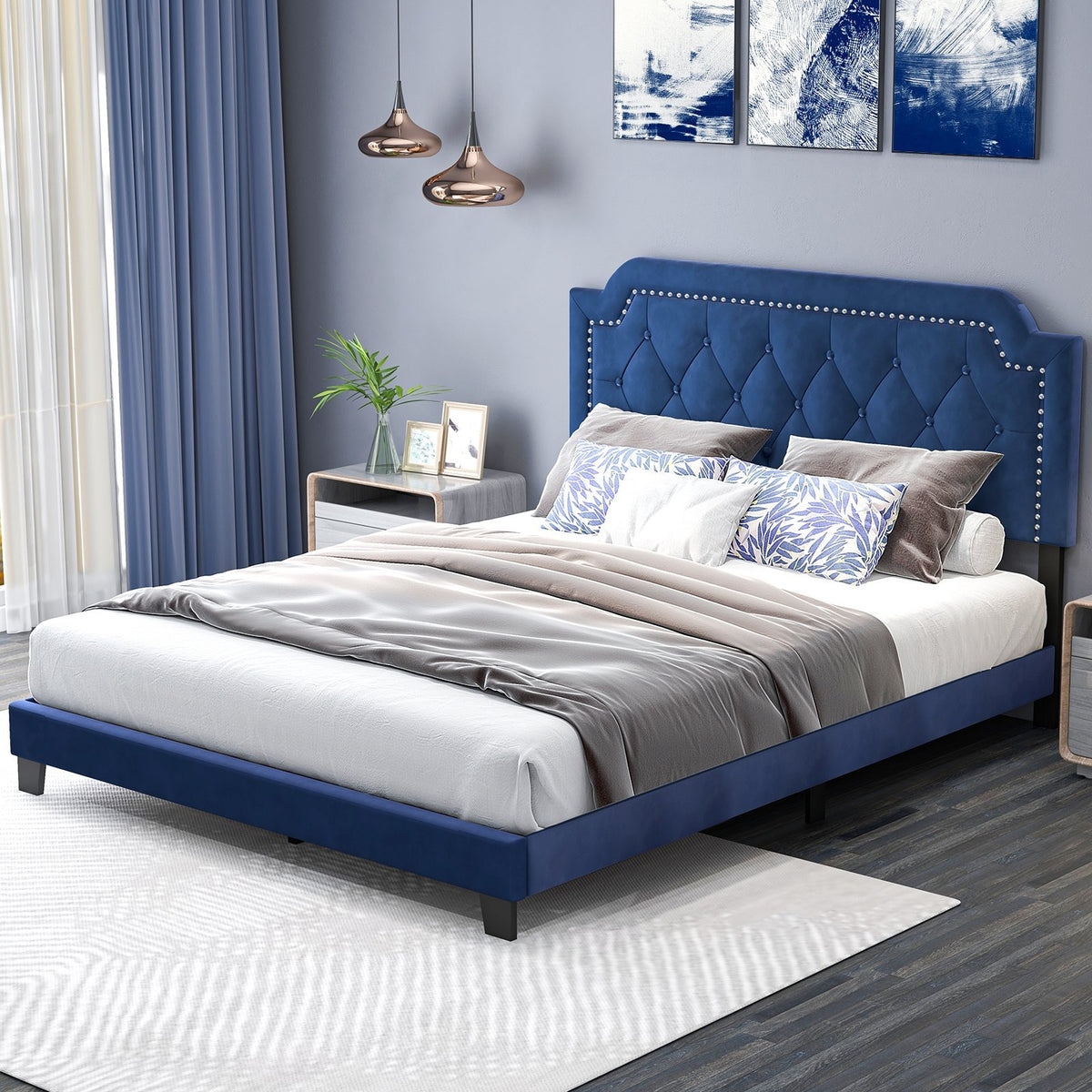 Queen Size Velvet Bed Frame with Button Tufted and Nailhead Trim Headboard-Queen Size view 5