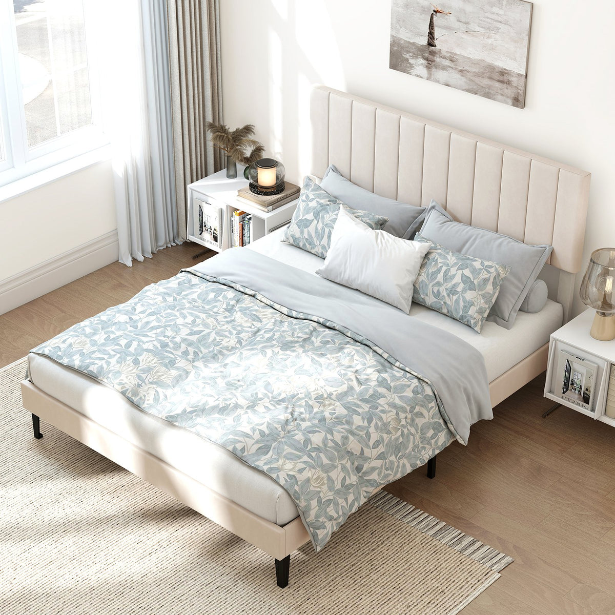 Queen Size Velvet Upholstered Platform Bed Frame view 6