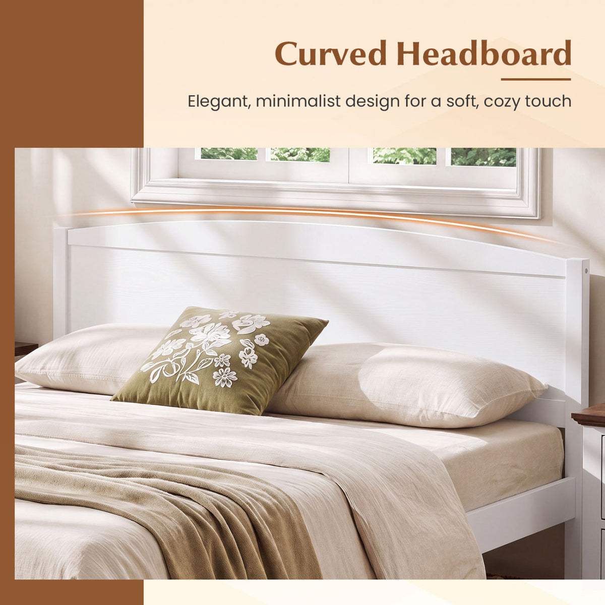 Queen Size Wooden Platform Bed Frame with Curved Headboard-White view 6