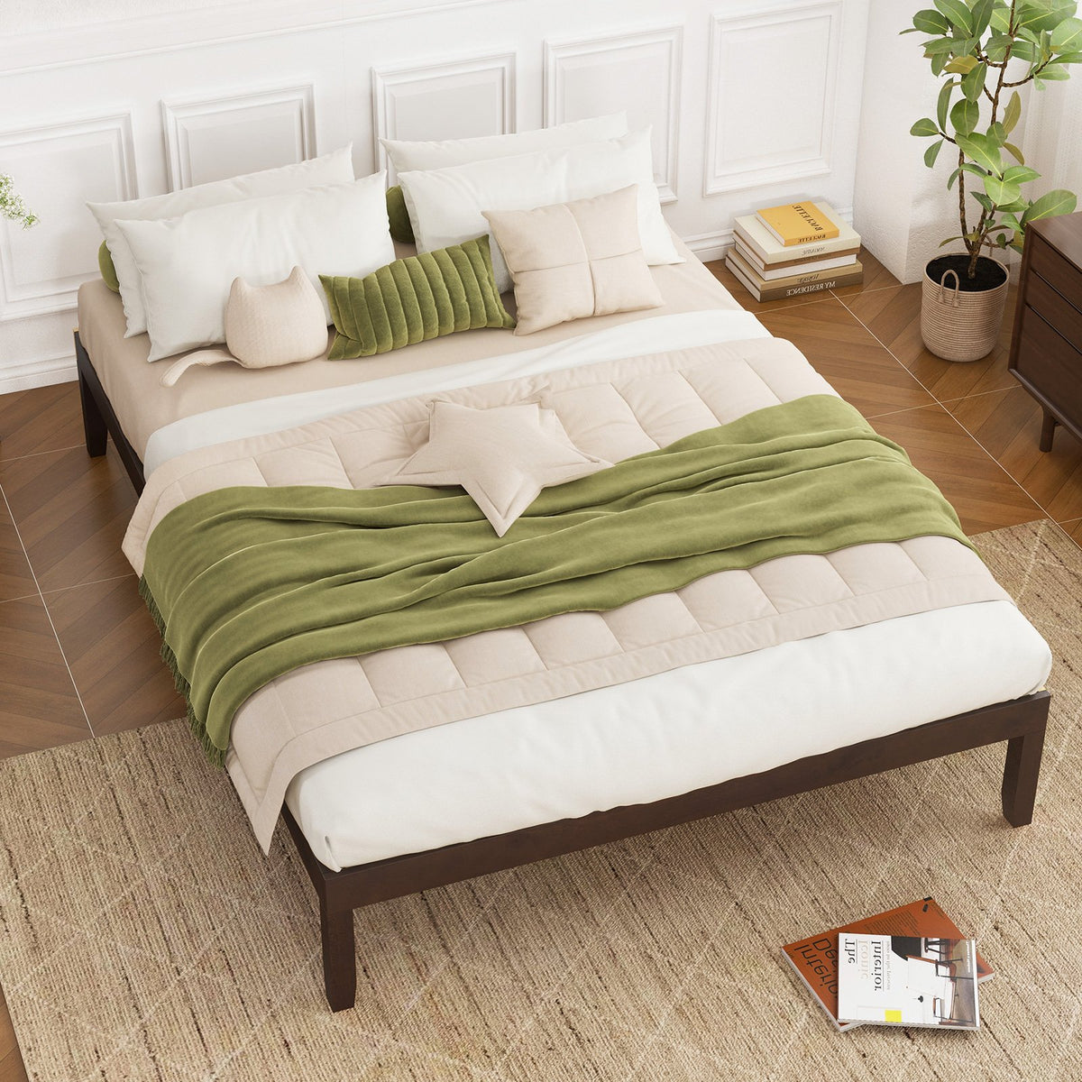 Queen Size Wood Bed Frame with Wooden Slats Support and Rubber Wood Legs-Espresso view 3