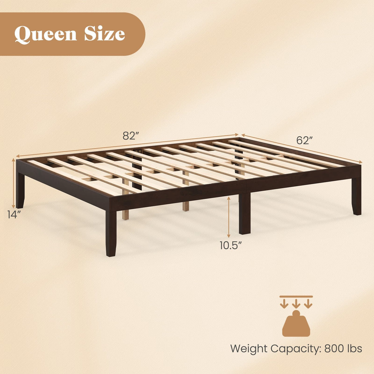 Queen Size Wood Bed Frame with Wooden Slats Support and Rubber Wood Legs-Espresso view 4