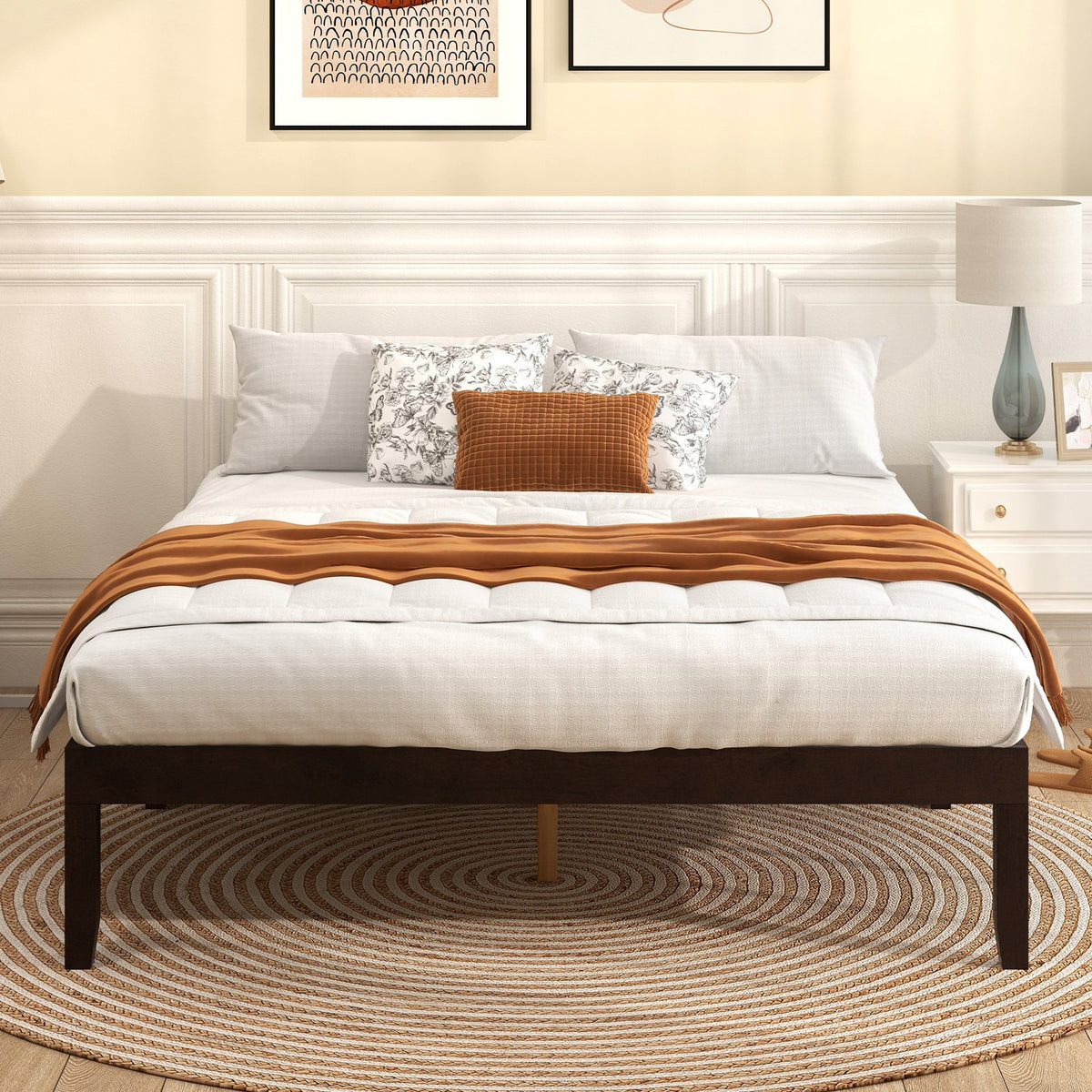 Queen Size Wood Bed Frame with Wooden Slats Support and Rubber Wood Legs-Espresso view 5