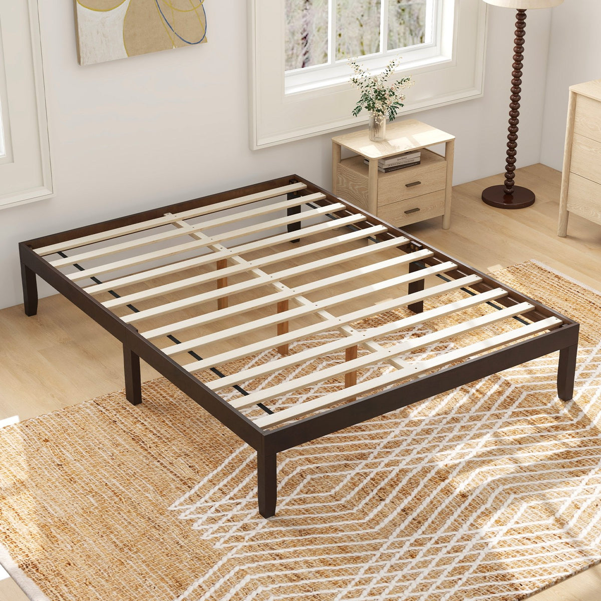 Queen Size Wood Bed Frame with Wooden Slats Support and Rubber Wood Legs-Espresso view 6