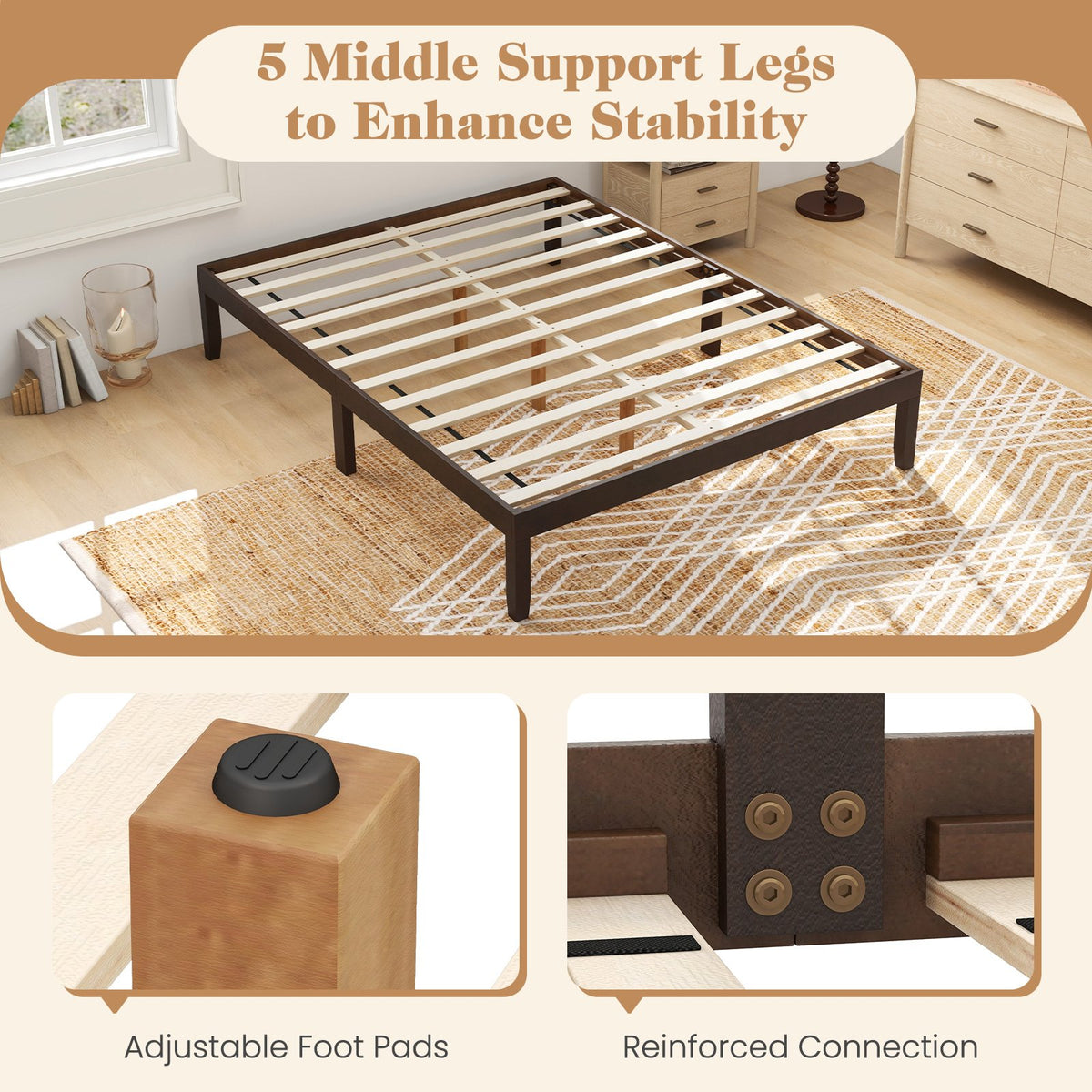 Queen Size Wood Bed Frame with Wooden Slats Support and Rubber Wood Legs-Espresso view 7