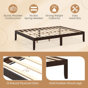 Queen Size Wood Bed Frame with Wooden Slats Support and Rubber Wood Legs-Espresso view 8