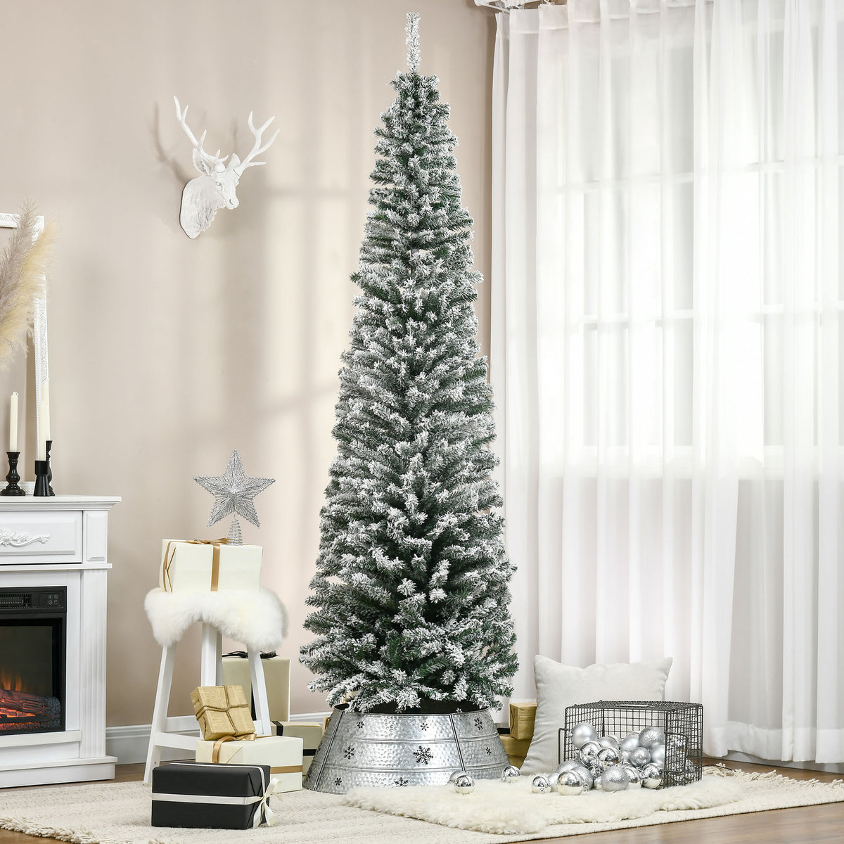 6ft Flocked Christmas Tree, Pencil Christmas Tree with Realistic Branch Tips, Folding Metal Stand, Green – view 35