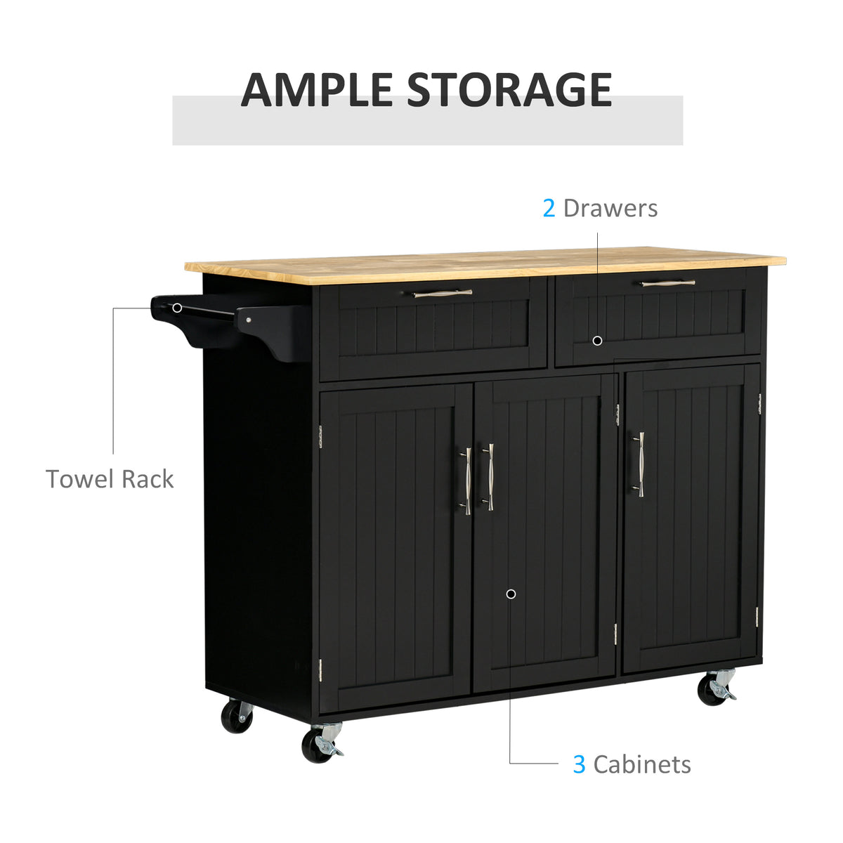 Modern Kitchen Island, Utility Kitchen Serving Cart with 2 Storage Drawers & Cabinets for Dining Room, Black – view 5