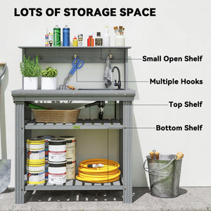 Outdoor Potting Bench Table with Faucet, Removable Sink, Hooks and Storage Shelves – view 3