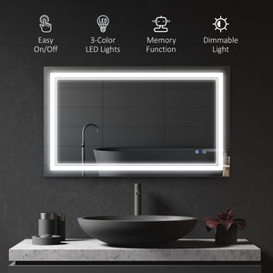 40" x 24" LED Bathroom Mirror, Dimmable Lighted Wall-Mounted Mirror, with 3 Colour, Smart Touch, Plug-in, Vertical or Horizontal Hanging
